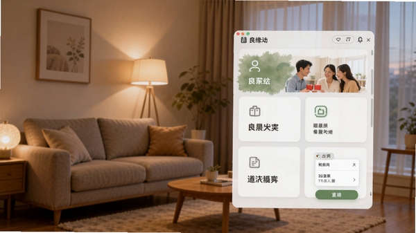 良缘互动主界面截图,展示软件整体布局与核心功能模块,背景为现代简约风格客厅,暖色调灯光,突出温馨社交氛围