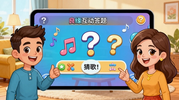 良缘互动互动游戏界面预览,展示两人参与猜歌答题的卡通场景,屏幕上有音符和问号元素,色彩明快活泼,背景为明亮的客厅,营造欢乐氛围