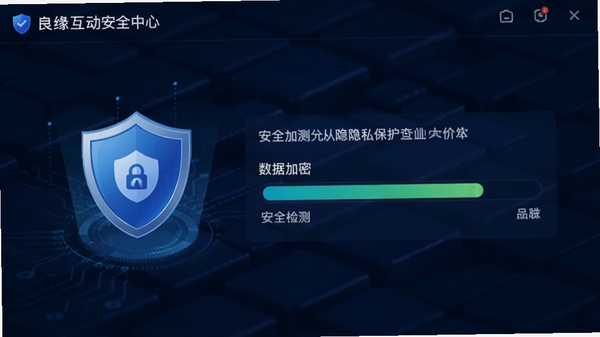 良缘互动安全中心界面,展示防护盾牌图标与安全检测进度条,背景为深蓝色科技纹理,强调数据加密与隐私保护
