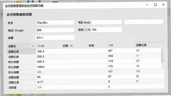 会员销售管理系统会员档案功能界面截图,画面展示一个详细的会员信息编辑窗口,包含姓名、电话、积分余额和消费记录等字段,背景为柔和的浅灰色界面,突出数据表格的清晰布局