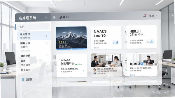 朋来企业名片管理系统主界面预览图,界面简洁现代,左侧为名片分组列表,右侧显示名片详情卡片,背景为干净的浅灰色商务办公场景,整体风格专业且具有科技感