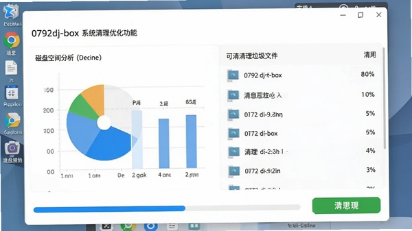 0792dj-box 系统清理优化功能界面,展示磁盘空间分析图表与可清理垃圾文件列表,界面设计有蓝色进度条和绿色清理按钮,背景是半透明的系统桌面,风格简洁现代