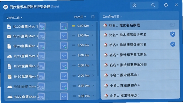 同步盘版本控制与冲突处理界面截图,显示多个时间点的文件版本列表,以及冲突文件的命名规则,界面以蓝色调为主,突出专业性与安全性