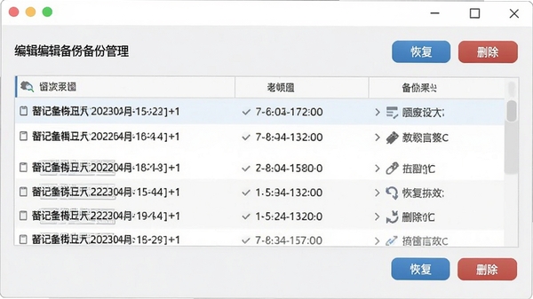 hosts编辑工具备份管理界面,显示多个带时间戳的备份文件列表,并配有“恢复”和“删除”按钮,背景为简洁的浅色界面