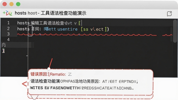 hosts编辑工具语法检查功能演示,编辑区中某行显示红色波浪线,下方弹出错误提示框,界面清晰标注行号和错误原因