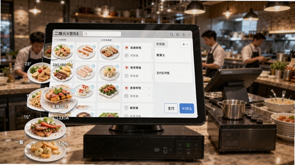 二维火餐饮管理系统点餐收银功能界面,显示菜品列表和支付方式选择,背景是忙碌的餐厅收银台
