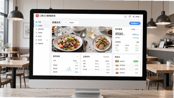 二维火餐饮管理系统软件主界面预览图,展示清晰的点餐收银管理后台,现代简约风格,电脑屏幕显示餐饮数据看板,背景为整洁的餐厅环境
