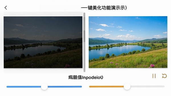 PhotoImpression一键美化功能演示图,画面左侧为一张略显暗淡的风景照片,右侧为经过智能增强后的同一照片,色彩鲜亮通透,界面下方显示功能调节滑块,整体对比效果直观清晰