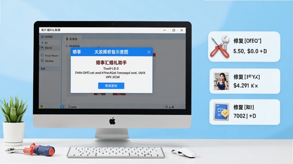 婚事汇婚礼助手故障修复示意图,展示电脑屏幕上软件报错弹窗,旁边有工具和修复选项,背景为简洁的电脑桌面,色调明亮,软件名称出现在弹窗标题栏