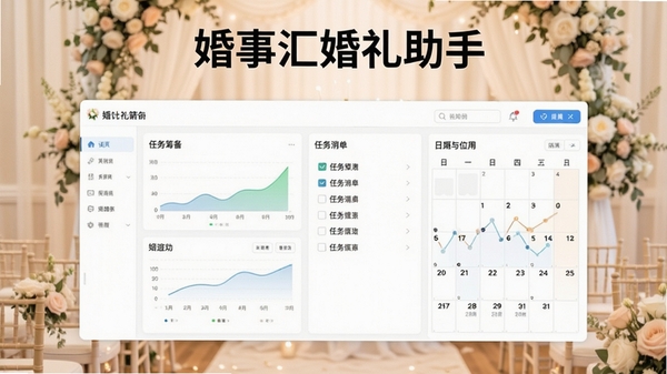 婚事汇婚礼助手整体界面预览图,展示婚礼筹备仪表盘、任务清单与日历视图,背景为温馨的婚礼现场布置,浅色调,明亮清晰,软件名称醒目显示在界面顶部
