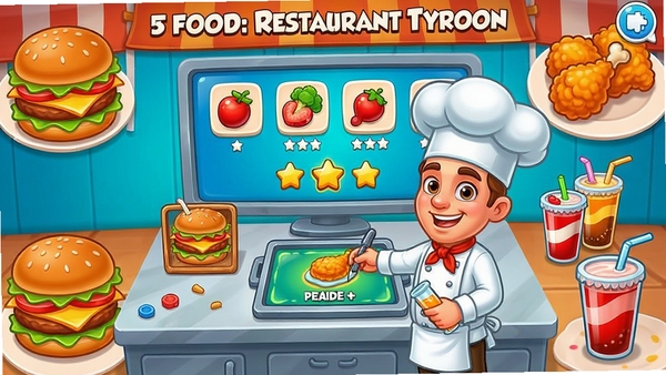 Fast Food: Restaurant Tycoon 菜单研发界面,厨师在实验台前尝试新配方,屏幕上方显示食材图标和星级评价,周围有汉堡、炸鸡、饮料等食物特写,色彩鲜艳,卡通风格,突出美食与研发的乐趣,画面布局清晰,适合展示游戏玩法。