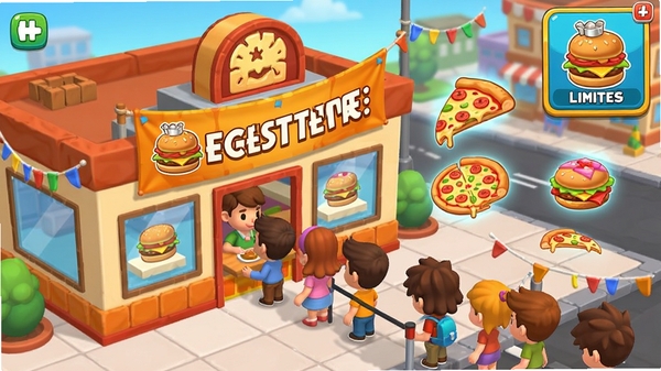 Fast Food: Restaurant Tycoon 游戏内活动场景,餐厅外挂着美食节横幅,顾客排队参与,屏幕角落显示限时任务图标,有汉堡、披萨等食物漂浮装饰,色彩热烈,卡通风格,画面充满节日气氛,展示游戏活动玩法。