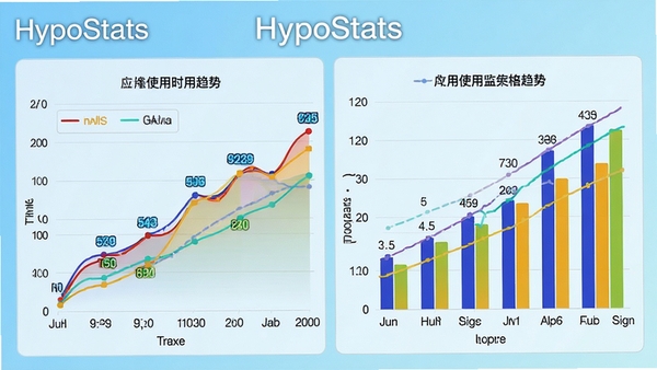HypoStats数据监控界面,展示折线图与柱状图,显示应用使用时长趋势,背景为浅蓝色渐变,图表色彩鲜艳,数据标签清晰,突出软件名称HypoStats