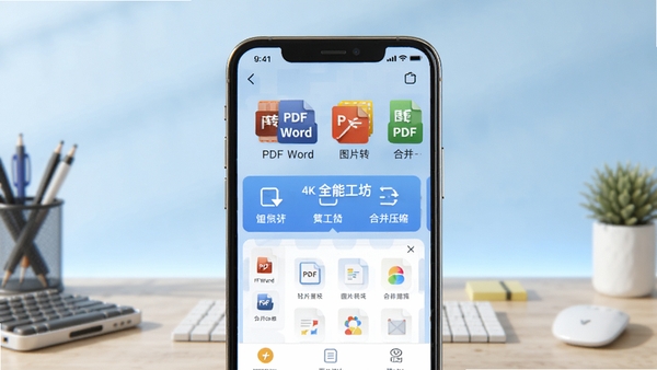 PDF速转全能工坊全貌展示,手机屏幕显示软件主界面,上方有PDF转Word、图片转PDF、合并压缩等彩色图标,背景为浅蓝色渐变,桌面环境,整体明亮清晰,产品渲染图风格,高细节,4k分辨率