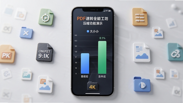 PDF速转全能工坊压缩功能演示,手机屏幕显示压缩前后文件大小对比柱状图,背景为浅灰色商务风格,文件图标环绕,产品渲染图风格,高细节,4k分辨率