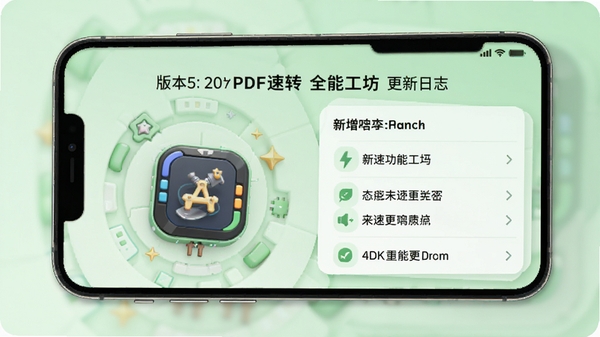 PDF速转全能工坊更新日志界面,手机屏幕显示版本号和新增功能列表,背景为浅绿色调,简洁明快,产品渲染图风格,高细节,4k分辨率