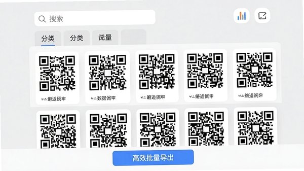 邂逅码App的历史记录页面截图风格展示,列表形式排列多个二维码缩略图,顶部有搜索框和分类标签,底部有批量导出按钮,界面简洁有序,背景为浅灰色工作台,强调数据管理的高效性