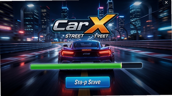 CarX Street安装器主界面预览图,展示赛车游戏启动画面,背景为城市夜景赛道,前景为安装进度条与开始游戏按钮,整体风格动感炫酷,色彩鲜明,光线反射真实,高细节渲染,适配Boogu模型生成