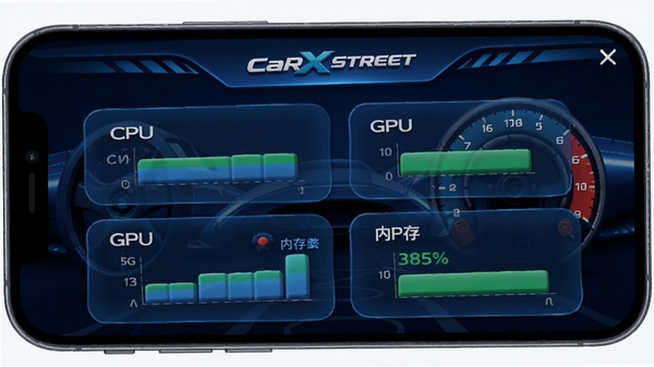 CarX Street安装器设备检测报告页面,手机界面显示CPU、GPU、内存占用率图表,背景为赛车仪表盘元素,整体色调科技蓝,线条流畅,图标立体,画面干净整洁,适配Boogu模型生成