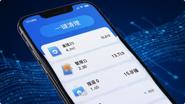 UT.urn 深度清理功能运行界面,手机屏幕展示出扫描结果列表,包含不同类型的垃圾文件图标与大小,背景是渐变的蓝色数据流,顶部有