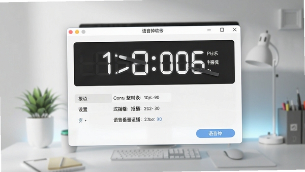 语音钟软件界面截图,显示整点报时设置选项,背景为简洁的桌面环境,光影柔和,突出软件窗口的清晰布局与语音播报功能,整体风格现代清爽
