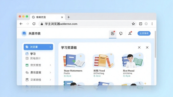 学生浏览器主界面预览图,展示简洁的浏览器窗口,包含地址栏、标签页、学习资源导航区域,背景为淡蓝色渐变,整体风格清新明亮,适合学生使用的现代浏览器界面设计
