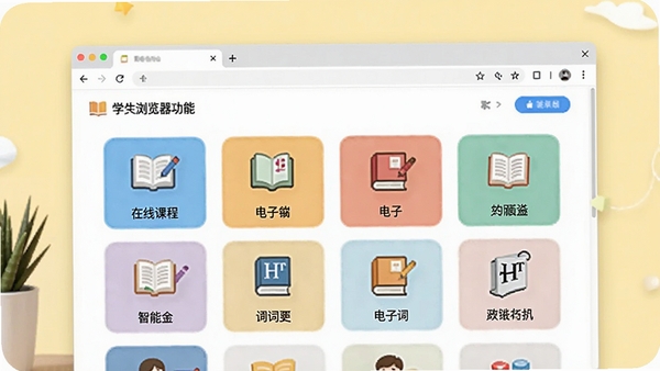 学生浏览器智能学习导航功能展示图,浏览器窗口中显示分类整齐的学习网站导航页面,包含在线课程、电子书、词典等图标,色彩明快,布局清晰,背景为柔和的浅黄色,营造专注学习的氛围