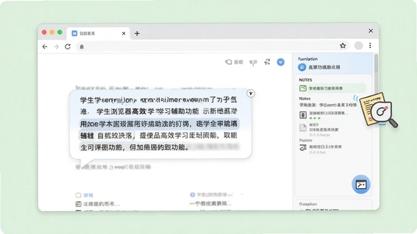 学生浏览器高效学习辅助功能示意图,浏览器页面中显示文字选中后的翻译气泡、侧边笔记栏和截图工具图标,背景为淡绿色,风格简洁实用