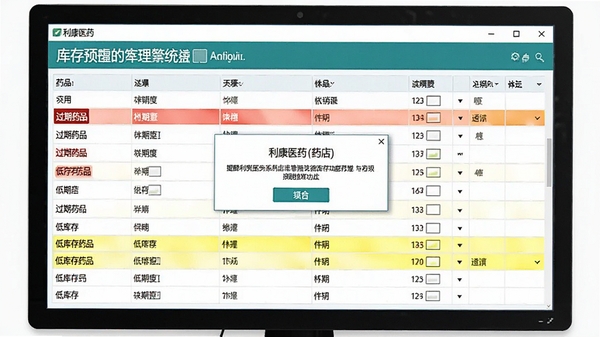 利康医药(药店)进销存管理系统库存预警功能截图,画面显示药品列表中有红色标记的过期药品和黄色标记的低库存药品,界面有提醒弹窗,整体界面清晰直观,数据表格整齐排列,背景为电脑屏幕显示效果