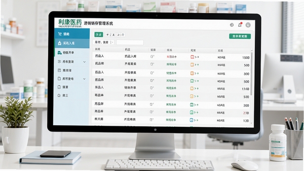 利康医药(药店)进销存管理系统主界面预览图,画面展示清晰的药店管理系统后台,左侧功能菜单包含采购入库、销售开单、库存查询,中间是药品列表和库存数量,背景为干净的办公室桌面,整体风格商务简洁,色彩明亮,细节丰富