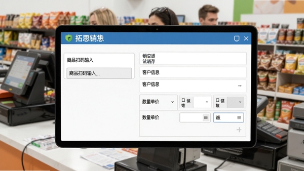 拓思商品进销存管理系统销售开单界面,包含商品扫码输入框、客户信息栏、数量单价编辑区,背景为繁忙的收银台,画面简洁专业,强调销售流程的流畅性
