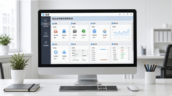 拓思商品进销存管理系统主界面全景图,展示采购、销售、库存、财务等核心功能模块的窗口布局,背景为整洁的办公桌面,电脑屏幕清晰显示软件操作面板,整体风格明亮写实,突出软件专业性与易用性
