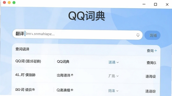 QQ词典主界面截图,显示简洁的翻译输入框和查询结果区域,背景为淡雅的蓝色渐变,整体风格清爽专业,突出软件名称QQ词典