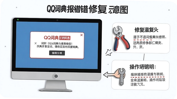 QQ词典报错修复示意图,电脑屏幕显示错误提示框,旁边有修复工具和操作说明,整体风格简洁明了