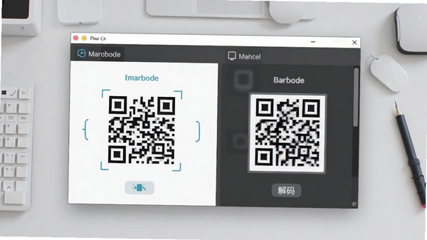 MBarcode二维码生成解码软件主界面预览图,展示简洁的工具窗口,左侧是生成区域,右侧是解码区域,背景为干净的浅灰色工作台,图标风格现代清晰
