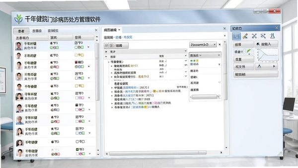 千年健医院门诊病历处方管理软件主界面截图,展示患者列表、病历编辑区与处方工具栏,背景为简洁的诊室环境,明亮清晰
