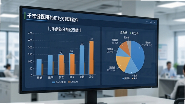 千年健医院门诊病历处方管理软件的统计报表界面,展示柱状图与饼图分析门诊数据,背景为办公室大屏