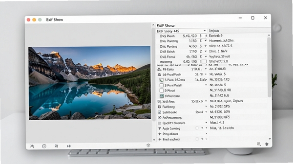 Exif Show软件主界面预览图,展示一张风景照片及其详细的EXIF信息面板,左侧为图片缩略图,右侧为参数列表,界面干净清爽,背景为浅灰色桌面,整体风格专业简洁