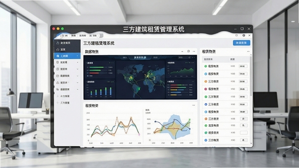 软件主界面预览图,展示清晰的菜单栏、数据看板以及租赁物资列表,背景为现代简洁的办公室环境,画面主体突出软件名称“三方建筑租赁管理系统”的界面全貌,风格写实、光线明亮