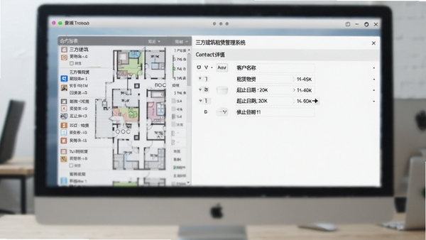 三方建筑租赁管理系统合同管理界面截图,左侧为合同列表,右侧展示合同详情包括客户名称、租赁物资、起止日期,背景为模糊处理的办公电脑屏幕,画面清晰专业