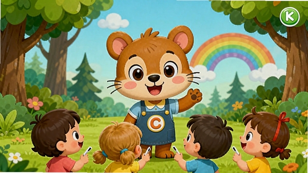 摩洛幼儿英语主界面预览图,展示色彩明亮的卡通风格,画面中央有一个可爱的卡通动物老师正在教小朋友认识英文字母,背景是森林和彩虹,整体氛围温馨活泼,适合幼儿视觉体验