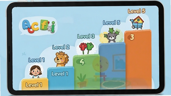 摩洛幼儿英语课程分级界面,展示从Level 1到Level 5的阶梯式学习路径,每一级有不同的主题图标,如字母、动物、颜色、数字等,界面简洁清晰,色彩明快