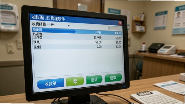 龙脑通门诊管理软件收费结算窗口,显示费用明细列表,包含药品费、诊疗费,下方为收款方式选择按钮,背景为诊所收费台实景