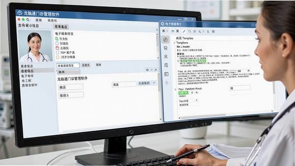 龙脑通门诊管理软件电子病历编辑界面,医生正在录入处方信息,左侧显示患者基本信息,右侧为病历模板编辑区域,界面整洁,字体清晰,医疗办公场景
