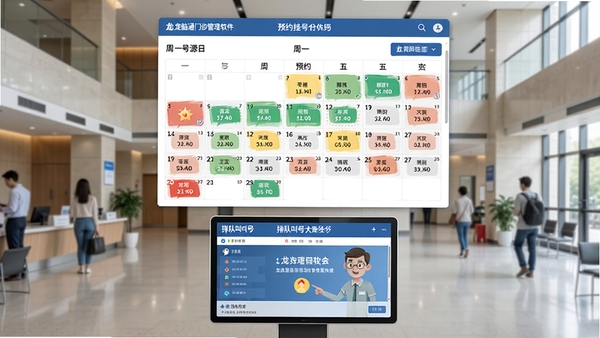 龙脑通门诊管理软件预约挂号界面,显示一周号源日历,不同颜色标记预约状态,下方为排队叫号大屏效果图,现代门诊大厅环境