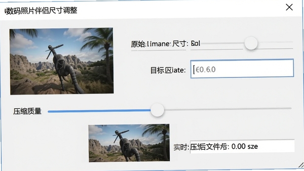 数码照片伴侣尺寸调整窗口,显示原始图片尺寸和目标尺寸输入框,下方有压缩质量滑块,实时预览压缩后文件大小,界面简洁实用
