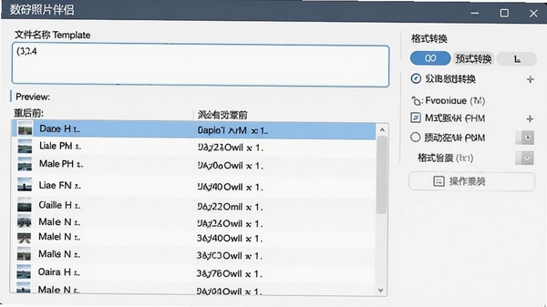 数码照片伴侣批量重命名设置面板,上方为文件名模板编辑框,下方为预览列表展示重命名前后的文件名对比,右侧有格式转换选项,界面清晰展示操作流程
