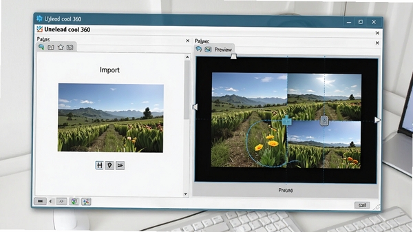 Ulead cool 360 操作界面,展示图片导入与拼接预览过程,背景为干净的桌面环境,画面清晰,突出软件功能。