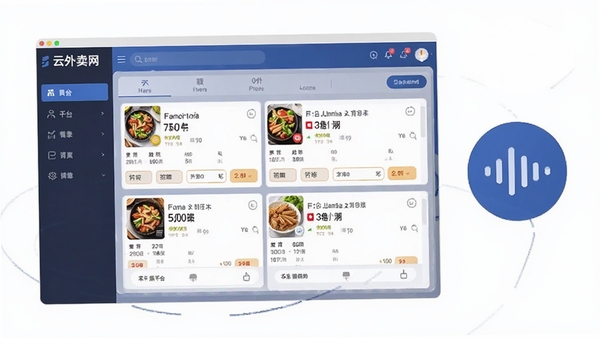 云餐饮外卖网软件功能展示图,界面中显示多个外卖平台的订单信息聚合在一个窗口中,旁边有声音波形图标提示