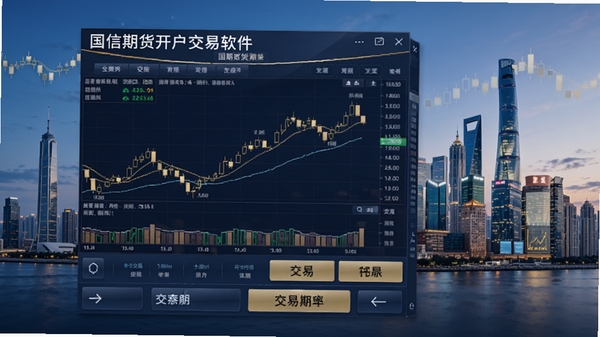 国信期货开户交易软件主界面,展示股票行情图表和交易按钮,背景为现代金融城市天际线,整体风格商务大气,色彩以深蓝和金色为主,突出专业与信赖感,画面清晰,细节丰富